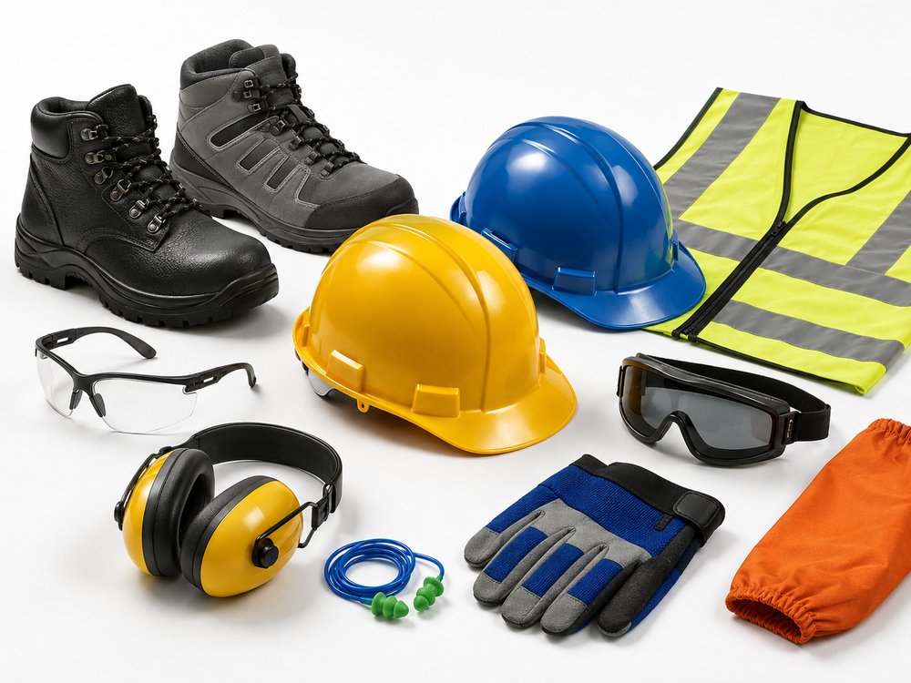 Elementos de protección personal: botas de seguridad, cascos, lentes, protectores auditivos, guantes, antiparras, chaleco reflectante y mangas